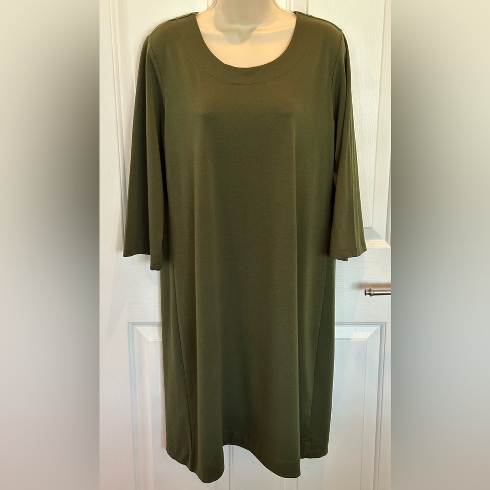 Coldwater Creek Size 14 Petite Lrg Dark Olive Green Pull-on long sleeve dress
